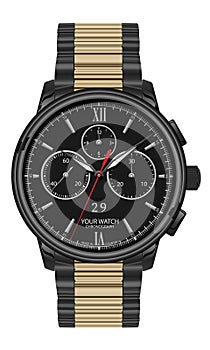 Realistic clock chronograph watch for men black steel gold white number red arrow on isolated background luxury vector