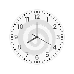 Realistic clock face with minute, hour numbers and second hand. Red center. Symbol watch isolated on white, to use for