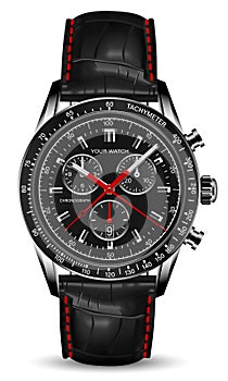 Realistic clock watch chronograph black face leather red arrow white number on isolated background design for men luxury vector