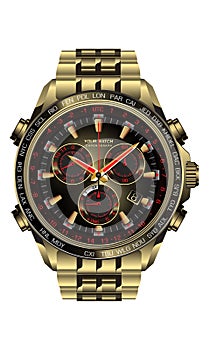 Realistic clock watch chronograph gold black red design for men on white background vector
