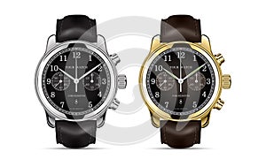 Realistic clock watch chronograph gold and silver leather strap collection luxury isolated vector