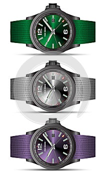 Realistic clock watch chronograph green silver purple steel fabric strap collection for men luxury on white background object