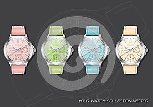 Realistic clock watch chronograph pastel collection on dark grey design luxury vector