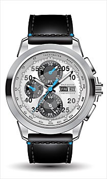 Realistic clock watch chronograph steel silver grey blue arrow black leather number strap isolated design luxury for men on white