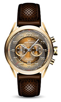 Realistic clock watch sport chronograph gold red steel brown leather strap for men luxury on white background object vector