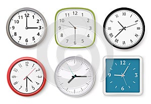 Realistic clocks. Modern wall clocks business chronometer dial arrows light and dark templates