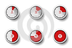 Realistic clocks with time intervals (5, 10, 15, 30, 45 and 60 minutes). Timer, clock, stopwatch - concept. Collection photo