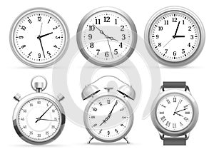 Realistic clocks. Wall round clock, alarm and wristwatches. Stopwatch timer, time watch vector 3D illustration set