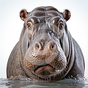 Realistic Close-up Portrait Of A Hippopotamus On White Background