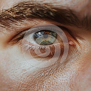 Realistic close up shot beautiful natural brown green attractive male eye. Eyes are the mirror of the soul