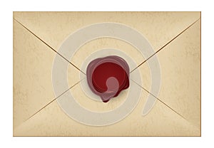 Realistic closed vintage old aged letter envelop with round dark red wax seal stamp. Paper parchment. Ancient postage