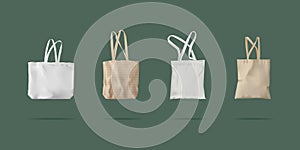 Realistic cloth tote bag, white and beige textile shoppers collection. Eco bags from jute fabric, empty white cotton