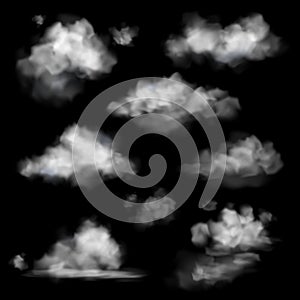 Realistic cloud. Fog white clouds collection, fluffy sky fog isolated on black sky background, smoke chemistry 3d