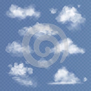 Realistic cloud. White clouds fluffy sky fog clouding isolated on transparent blue sky background vector set photo