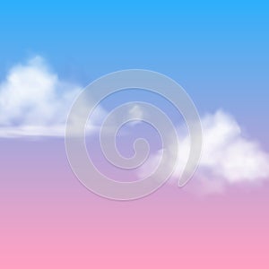 Realistic cloud. White nubes fluffy sky fog clouding isolated on sunrise or sunset blue pink background vector air photo