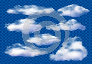 Realistic clouds. Cloudy sky, fluffy cloud and white vapor clouds isolated 3D vector illustration set