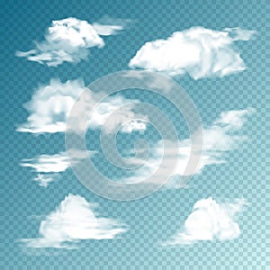 Realistic Clouds Set. Isolated Cloud on Transparent Background. Sky Panorama. Vector Design Element.