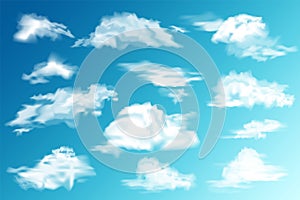 Realistic Clouds Set. White cloud. Blue Sky Panorama. Vector Illustration.