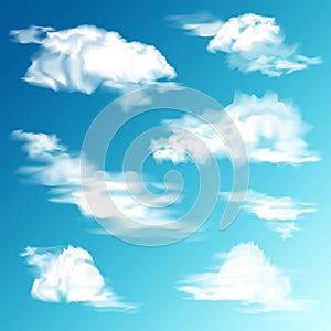 Realistic Clouds Set. White cloud. Blue Sky Panorama. Vector Illustration.