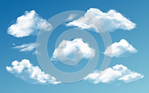 Realistic clouds. White 3d transparent cloud in various shapes. Vapor rainclouds, night mist clouding isolated vector photo