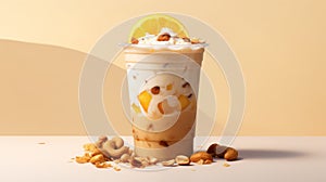 Realistic Coconut Smoothie With Peanut Butter And Dried Fruits Topping