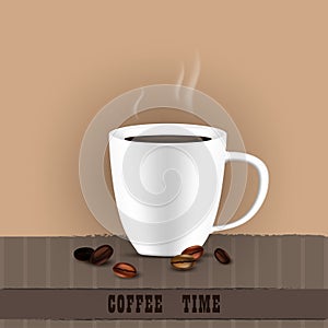 Realistic coffee cup and beans on brown background.