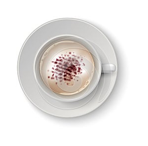 Realistic coffee cup. Cappuccino in white mug view from above mockup, hot beverage with milk, morning caffeine aromatic