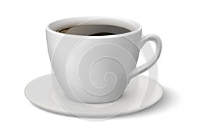 Realistic coffee cup. Espresso 3D mockup, white mug on plate side view, hot beverage in ceramic crockery, morning