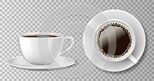 Realistic coffee cup top view isolated on transparent background. White blank mug with black coffee and saucer. Vector photo