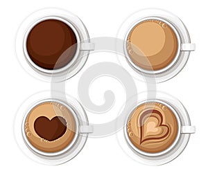 Realistic Coffee Cups with Americano Latte Espresso Macchiatto Mocha Cappuccino. Vector illustration Web site page and mobile app