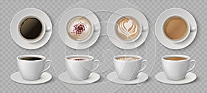 Realistic coffee cups. Espresso latte and cappuccino hot beverages, 3D mockup front and top views. Vector coffee drink