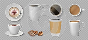 Realistic coffee cups. White ceramic and paper mugs with espresso latte and cappuccino. Vector 3D isolated coffee set