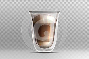 Realistic coffee latte in glass cup with double walled