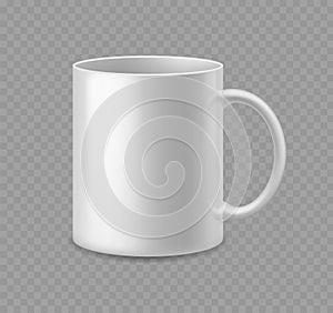 Realistic coffee or tea cup. White ceramic mug mockup side view empty utensil advertise and presentation template for