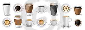 Realistic coffee to go cups. Coffee shop paper and ceramic cup mockups, takeaway cappuccino, latte and espresso 3D