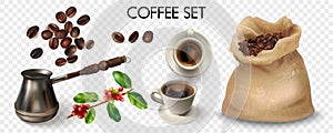 Realistic Coffee Transparent Icon Set