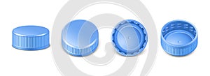 Realistic collection of blue plastic bottle caps in side, top and bottom view. Mockup with pet screw lids for water, beer, cider