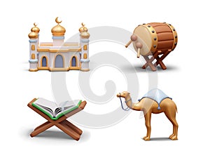 Realistic collection of Muslim religious items. Mosque with golden elements, bedug drum, camel