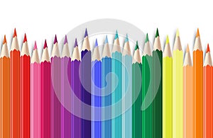 Realistic color pencils. 3D colored graphite sharpened colour pencils set. Vector school colorful objects background photo