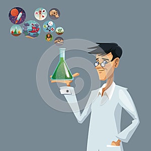 Realistic color poster closeup scientist with glass beaker with formula and icons world evolution photo