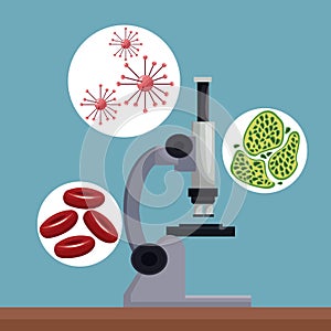 Realistic color poster microscope with icons of globules and cells