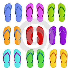 Realistic color slippers. Isolated 3d bright rubber sandals, summer swimming pool flip flop, beach and bathroom open shoes pairs.