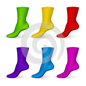 Realistic color socks. Modern male or female accessories, casual long feet clothes, simple wear templates, footprints