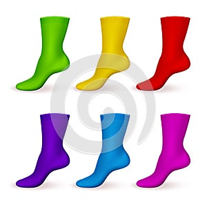 Realistic color socks. Modern male or female accessories, casual long feet clothes, simple wear templates, footprints and sport