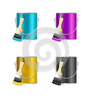 Realistic Color Steel Can Bucket and Paint Brush. Vector