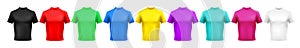 Realistic color t-shirt mockup. Red, green and blue men clothes. Yellow, purple and cyan colored shirt. Pink, black and