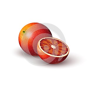 Realistic colored juicy slice of red orange.  half of colorful bloody orange and whole round fruit on white background