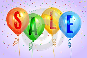 Realistic colorful balloons with text `Sale`.Background for special offer