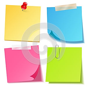 Realistic colorful blank sticky notes with clip binder. Colored sheets of note papers. Paper reminder. Vector