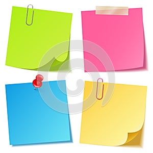 Realistic colorful blank sticky notes with clip binder. Colored sheets of note papers. Paper reminder. Vector